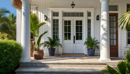 Main entrance door. White front door with porch. Exterior of georgian style home cottage house with columns.tropical home entrance, white wooden door, sidelite windows, potted plants,