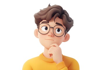 3D illustration of a young cartoon character with glasses, wearing a yellow sweater, pondering thoughtfully. The image conveys curiosity, contemplation, and creative thinking.