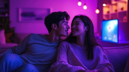Naklejka premium Happy Young couple in love playing video games while sitting on the sofa in the bedroom in night time,romantic and having fun and enjoying each other on their Long weekends,copy space.