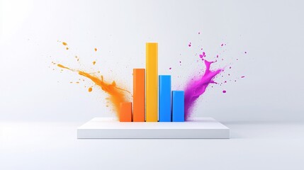 3D illustration white background featuring colorful abstract bar charts emerging from a flat surface, centered shot, from front, Medium Shot, upper body