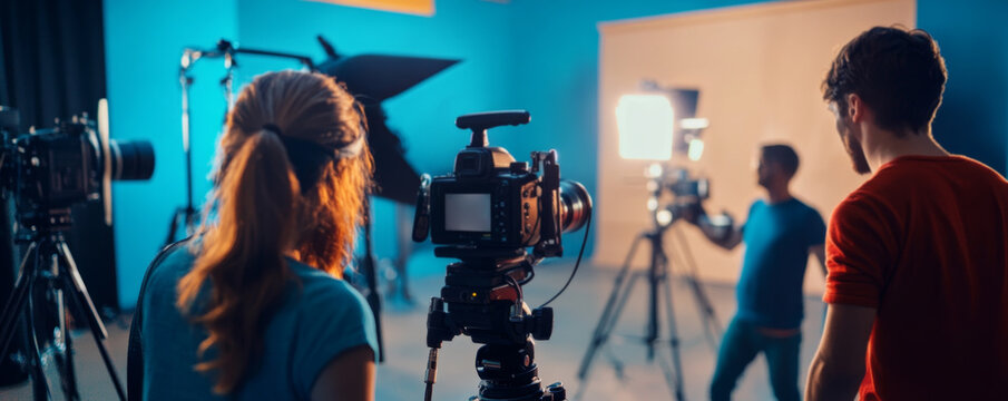 Videographer Filming in Studio with Professional Camera