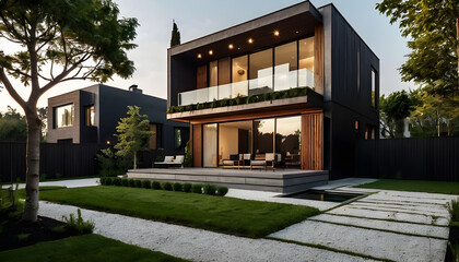 Modern luxury minimalist cubic house, villa with wooden cladding and black panel walls and landscaping design front yard. Residential architecture exterior.A modern, luxurious two-story villa.