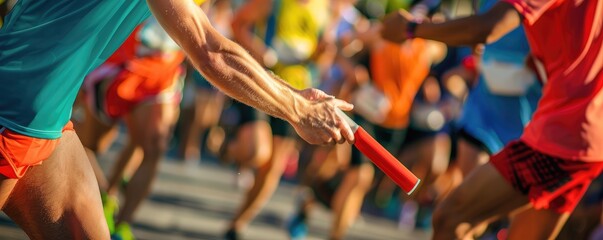 Athletes passing relay baton during a race in red hues