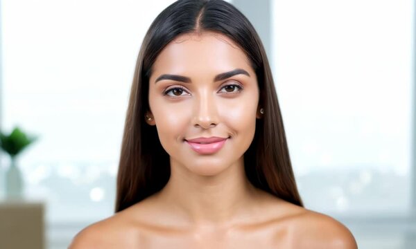 Beauty, health, cosmetics, anti-aging therapy and skin care concept - young beautiful brunette Caucasian woman looking at the camera, shaking her head expressing disagreement and showing no 4K Video