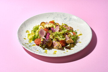 The salad features a mix of fresh greens, cherry tomatoes, boiled potatoes, and thinly sliced tuna.