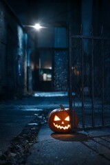 Glowing jack-o'-lantern in a spooky dark alley at night.