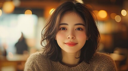 49. Close-up of a young Japanese woman with shoulder-length hair, wearing a casual sweater, sitting in a cafe with warm ambient lighting, her eyes reflecting joy and comfort