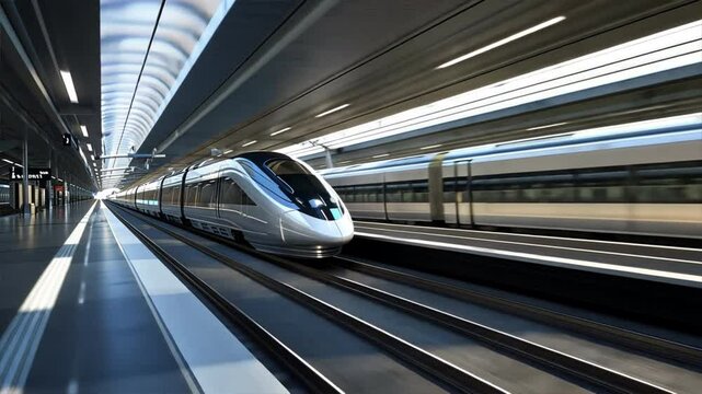 A silver train is traveling down a track. The train is long and sleek, and it is moving very fast. Concept of speed and motion
