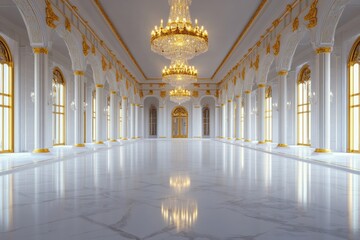 A grand palace ballroom featuring crystal chandeliers, polished marble floors