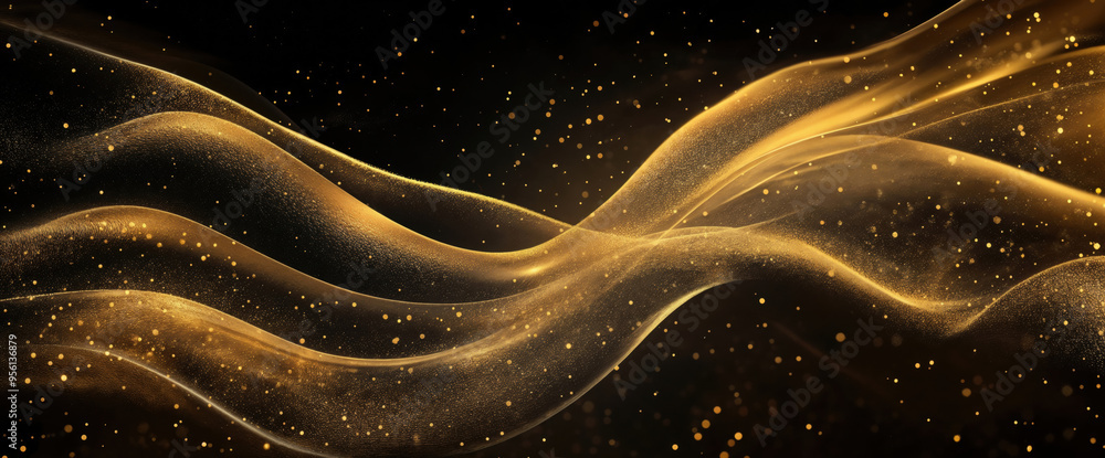 Poster abstract golden wave with sparkling particles on a black background. high quality photo