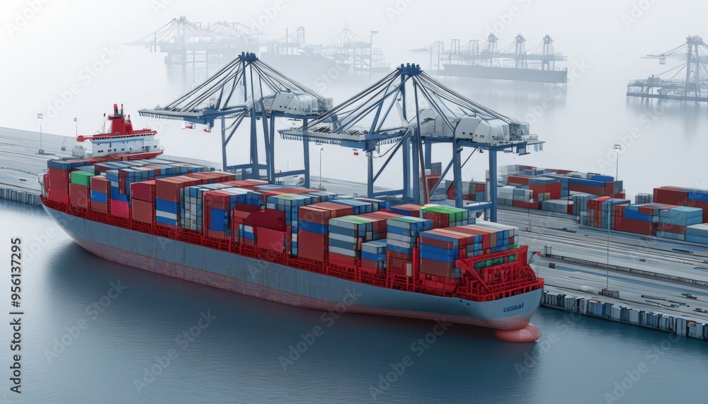 Poster the image depicts a large cargo container ship docked at a busy port, with cranes actively loading a