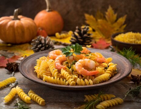 Fusilli mit K&uuml;rbis und Garnelen