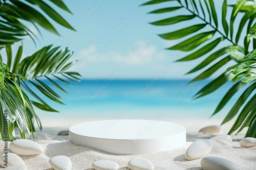 Poster empty podium on white sand beach with tropical palm leaves and ocean view background for product pre