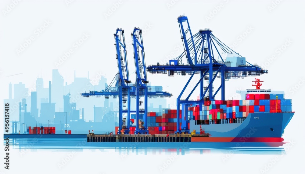 Poster the image depicts a large cargo container ship docked at a busy port, with cranes actively loading a