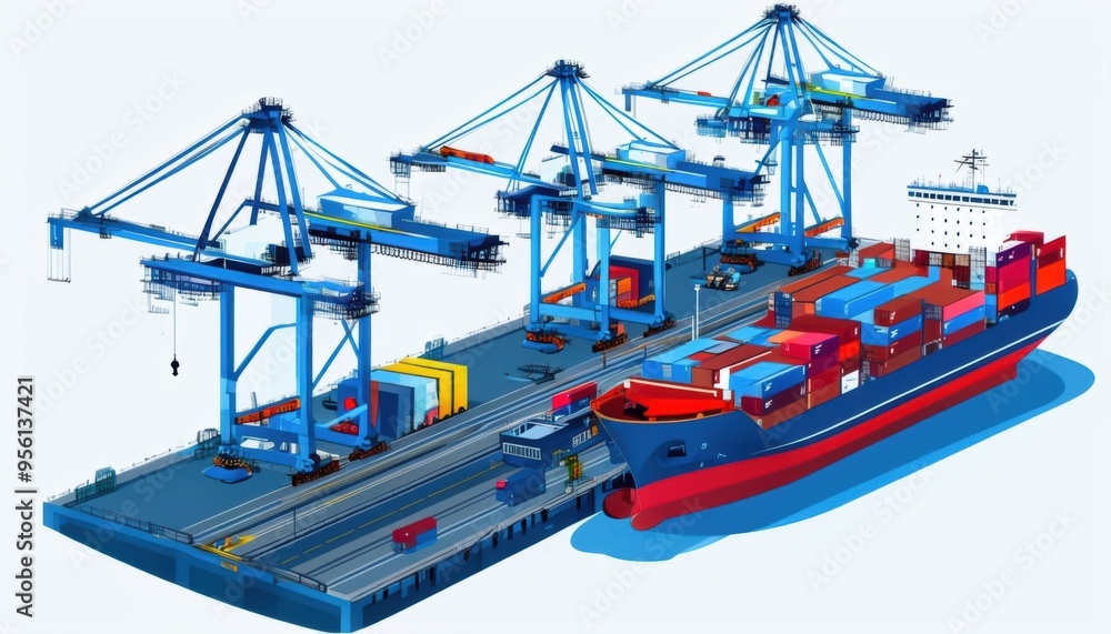 Poster the image depicts a large cargo container ship docked at a busy port, with cranes actively loading a