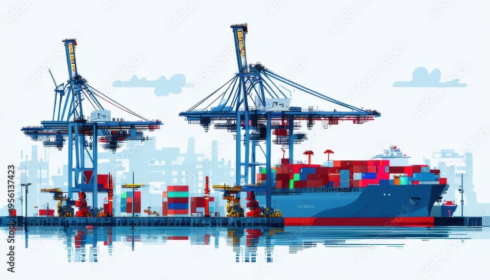 Poster the image depicts a large cargo container ship docked at a busy port, with cranes actively loading a