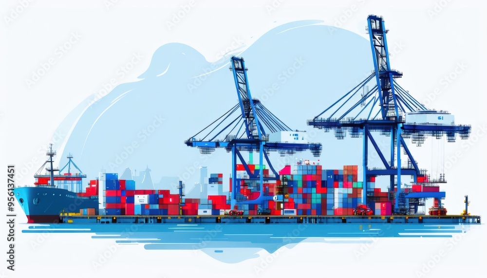 Poster the image depicts a large cargo container ship docked at a busy port, with cranes actively loading a
