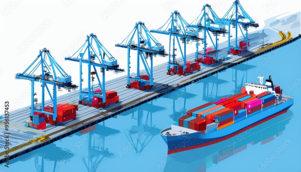 Poster the image depicts a large cargo container ship docked at a busy port, with cranes actively loading a