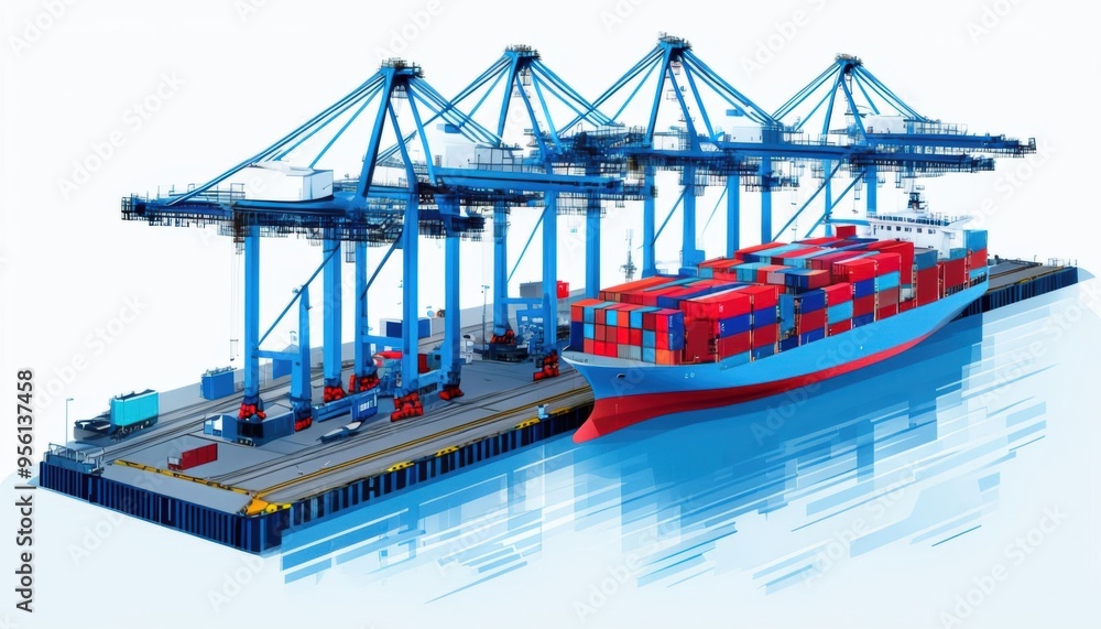 Poster the image depicts a large cargo container ship docked at a busy port, with cranes actively loading a