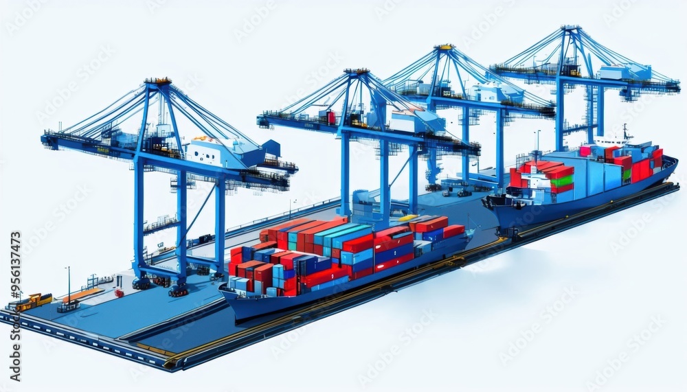 Poster the image depicts a large cargo container ship docked at a busy port, with cranes actively loading a