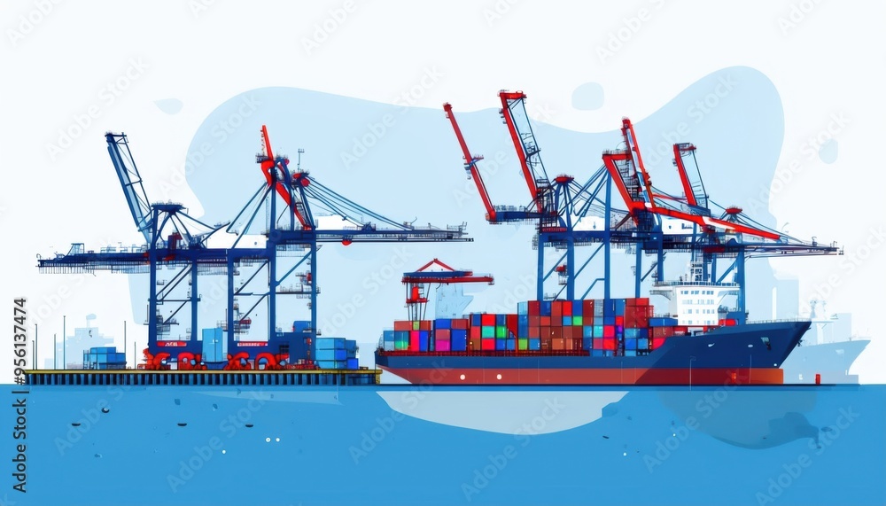 Poster the image depicts a large cargo container ship docked at a busy port, with cranes actively loading a
