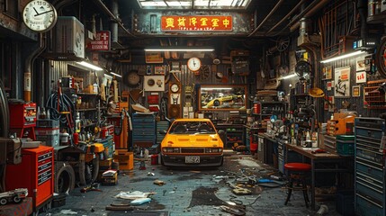 Naklejka premium bustling garage an auto mechanic