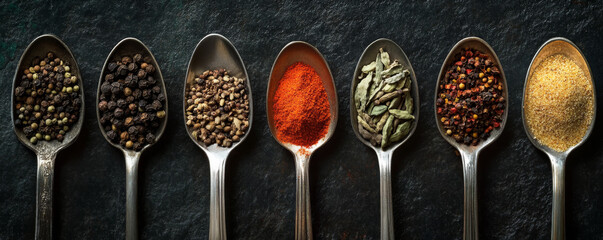 Assorted Spices in Spoons on Rustic Background