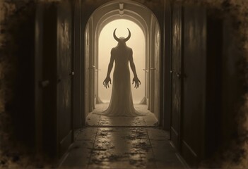 An aged worn sepia monochrome 1800s photograph of a nightmarish translucent demon standing at the end of a long hallway