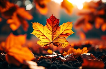 Golden Autumn Leaf in Focus with Soft Bokeh Background