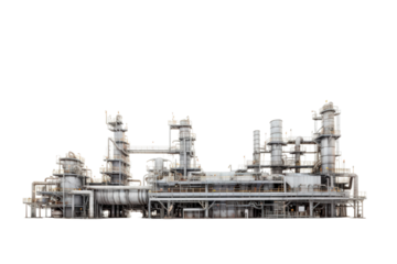 The image depicts an industrial factory, with smoke emanating from the chimneys. Suitable for environmental, industrial, pollution, and urban design concepts