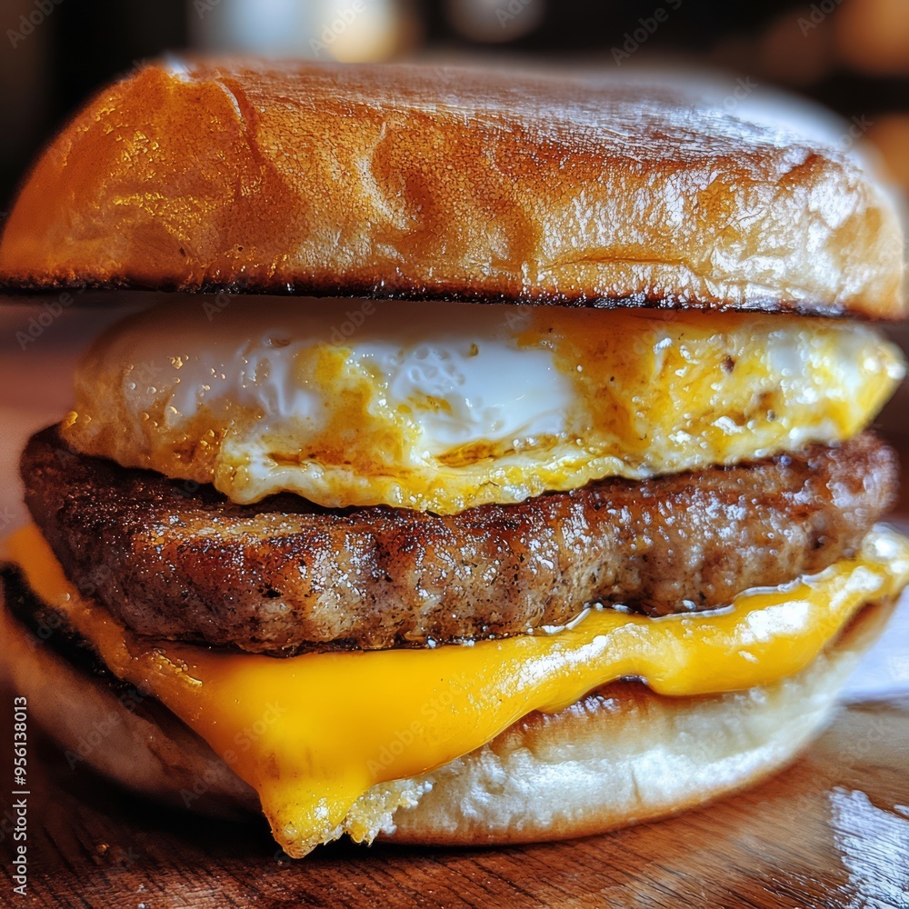 Canvas Prints A close-up of a breakfast sandwich with a fried egg, sausage patty, and cheese on a bun.