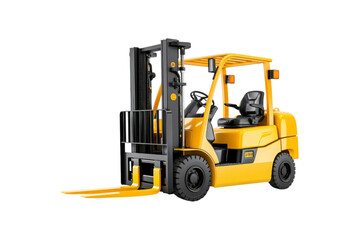 Yellow forklift with black forks and a seat. Suitable for industrial, construction, warehouse, logistics, and transportation themes