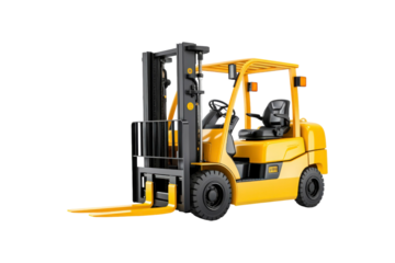 Yellow forklift with black forks and a seat. Suitable for industrial, construction, warehouse, logistics, and transportation themes