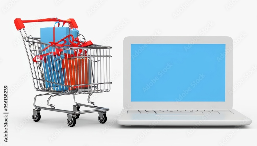 Aufkleber a 3d image of an empty metal shopping cart with a red handle, symbolizing online shopping and e-comm
