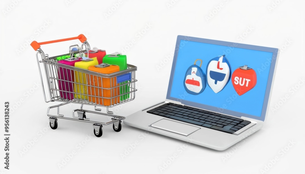 Poster a 3d image of an empty metal shopping cart with a red handle, symbolizing online shopping and e-comm