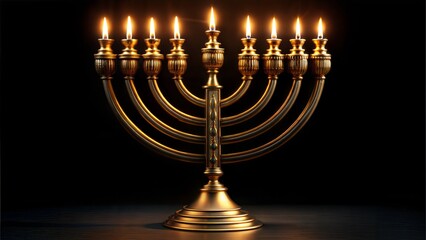 Menorah: Golden Seven-Branch Candelabrum with Lit Candles in Darkness Against Black Background