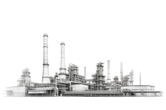 The image depicts an industrial factory, with smoke emanating from the chimneys. Suitable for environmental, industrial, pollution, and urban design concepts
