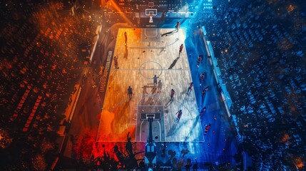 Aerial view of nba basketball court with players ready for jump ball and excited crowd in stands