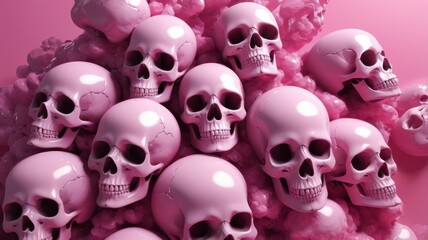 Smoky skulls on an abstract pink background.
