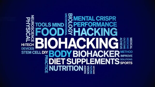 Biohacking animated word cloud;text design animation tag kinetic typography seamless loop.
