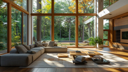 Fototapeta premium a minimalist living room with large windows and natural light