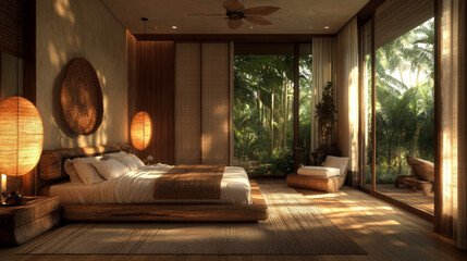 bedroom design with wooden sturcture like kungo kuma, modern furniture, warm colors