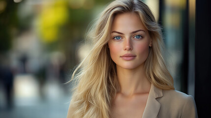 Obraz premium A portrait of an attractive blonde woman with long hair, wearing casual attire and standing outdoors in the city