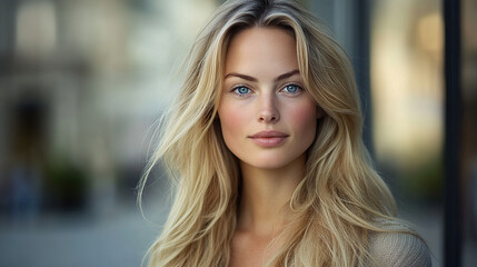 Naklejka premium A portrait of an attractive blonde woman with long hair, wearing casual attire and standing outdoors in the city