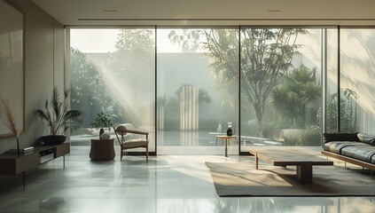 Fototapeta premium a minimalist living room with a glass wall and simple furniture