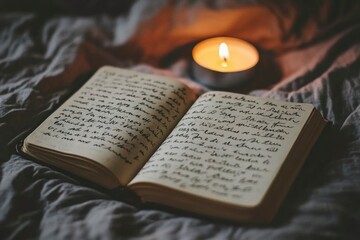 Open Book with Handwritten Notes and a Lit Candle on a Bed