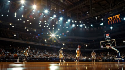 Exciting nba basketball game in action, players on court, bright lights, packed stadium atmosphere