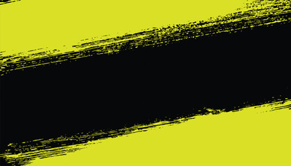 Abstract vector design of two bold yellow brush stroke hand painted ink paint diagonally stripes as frame and a black in the middle, grunge destress mockup template poster.