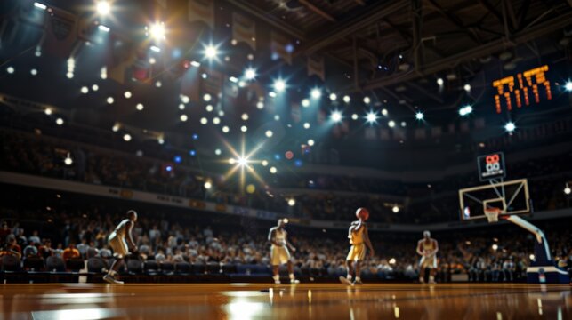 Exciting nba basketball game in action, players on court, bright lights, packed stadium atmosphere