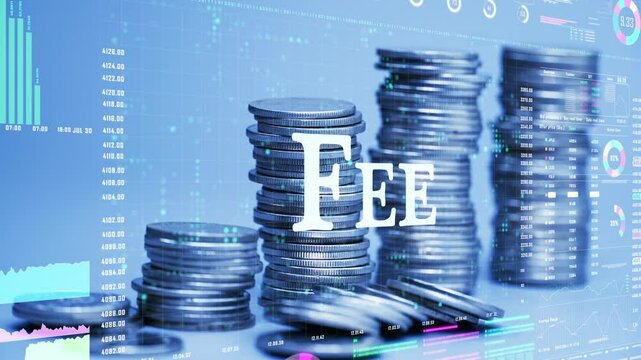 fee text on coins stack increase with business data hologram. business growth concept.	
